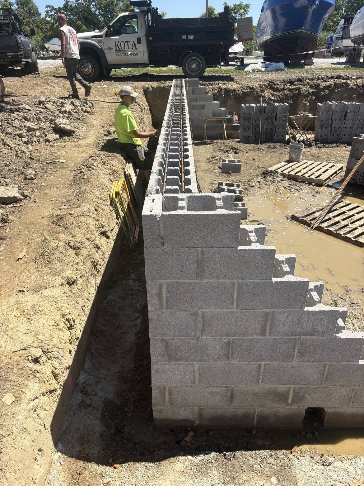 Concrete block foundation wall under construction