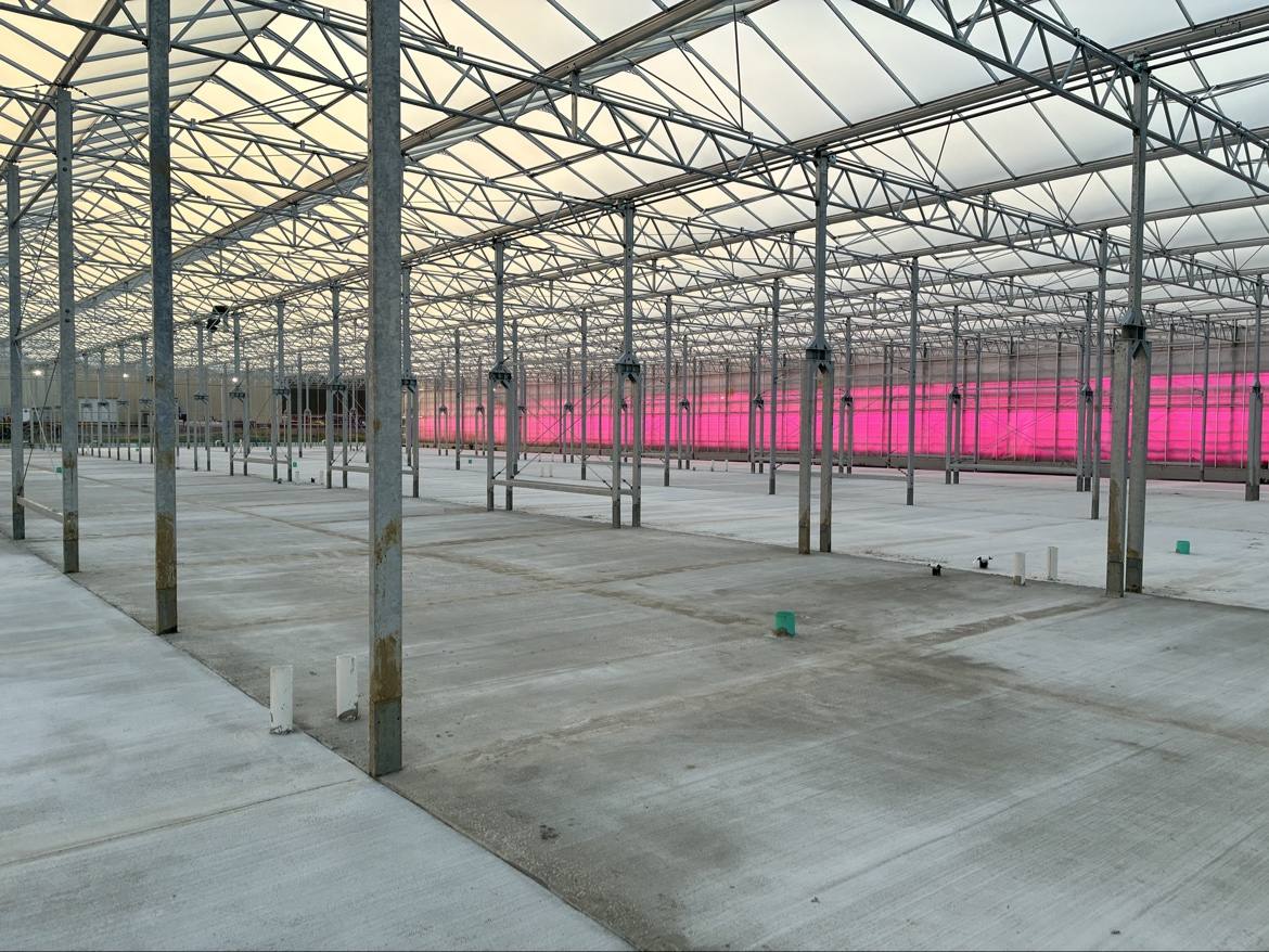 Large commercial greenhouse interior with a new concrete floor